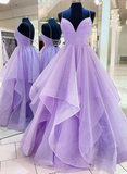 Lavender Tulle Long A-Line Prom Dress, Lavender Beautiful Spaghetti Strap Evening Dress