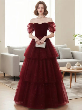 Wine Red Sweetheart Tulle Layers Long Prom Dress, Wine Red Tulle Floor Length Party Dress