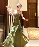 Green Satin Straps Long Layers Evening Dress, Green Satin Long Party Dress Prom Dress