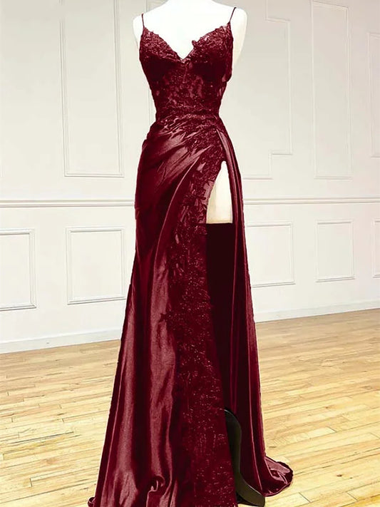 Wine Red V-neclline Satin with Lace Long Prom Dress, Wine Red Leg Slit Party Dress