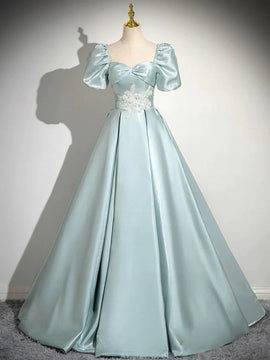 Beautiful Satin Short Sleeves Party Dress, A-line Green Satin Prom Dress with Lace Applique