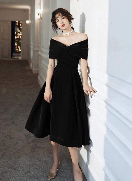 Black Velvet Tea Length Black Off Shoulder Party Dress, Black Short Wedding Prom Dress