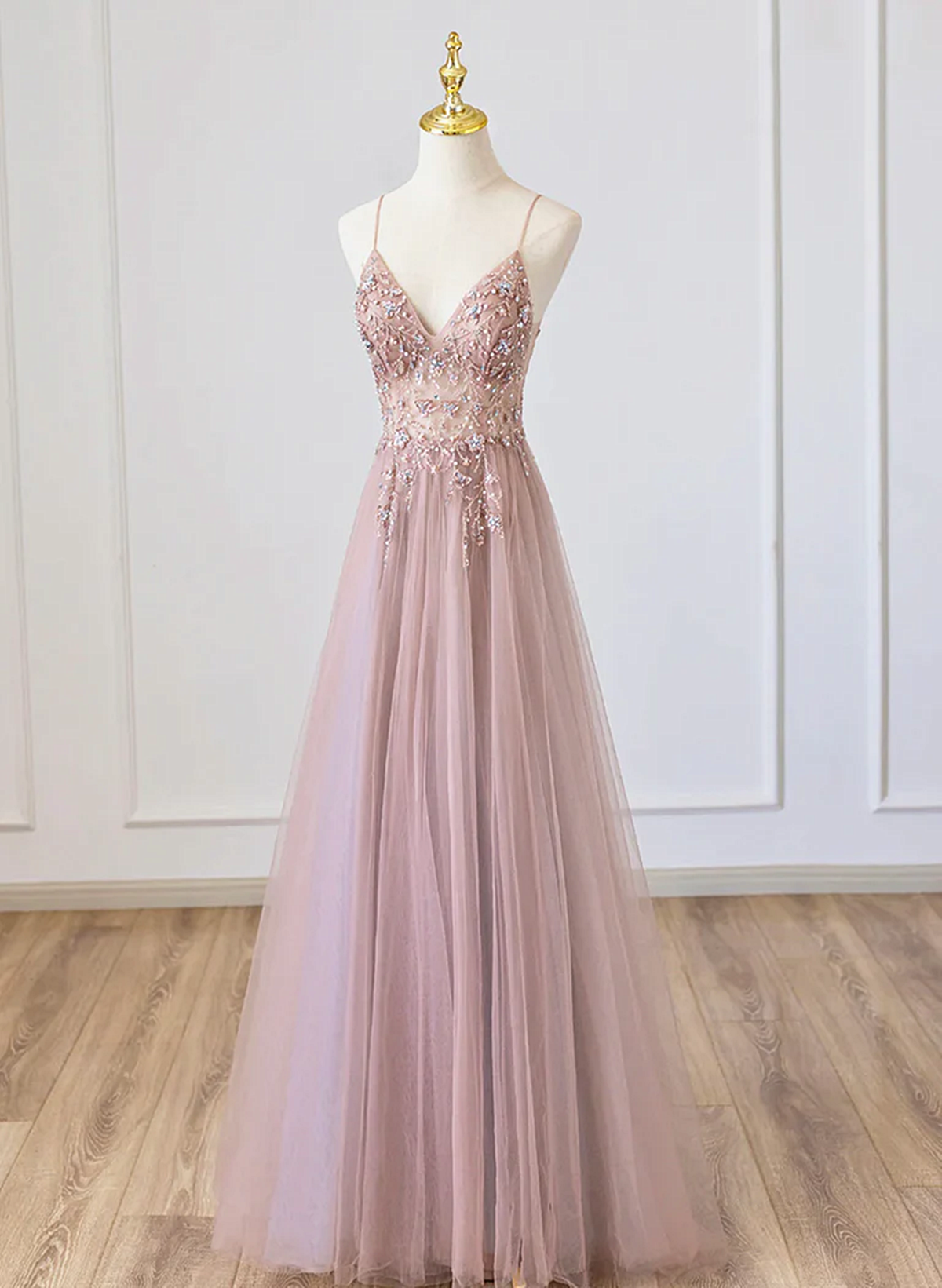 Lovely Pink V-neckline Beaded Straps Floor Length Party Dress, Pink Long Prom Dress