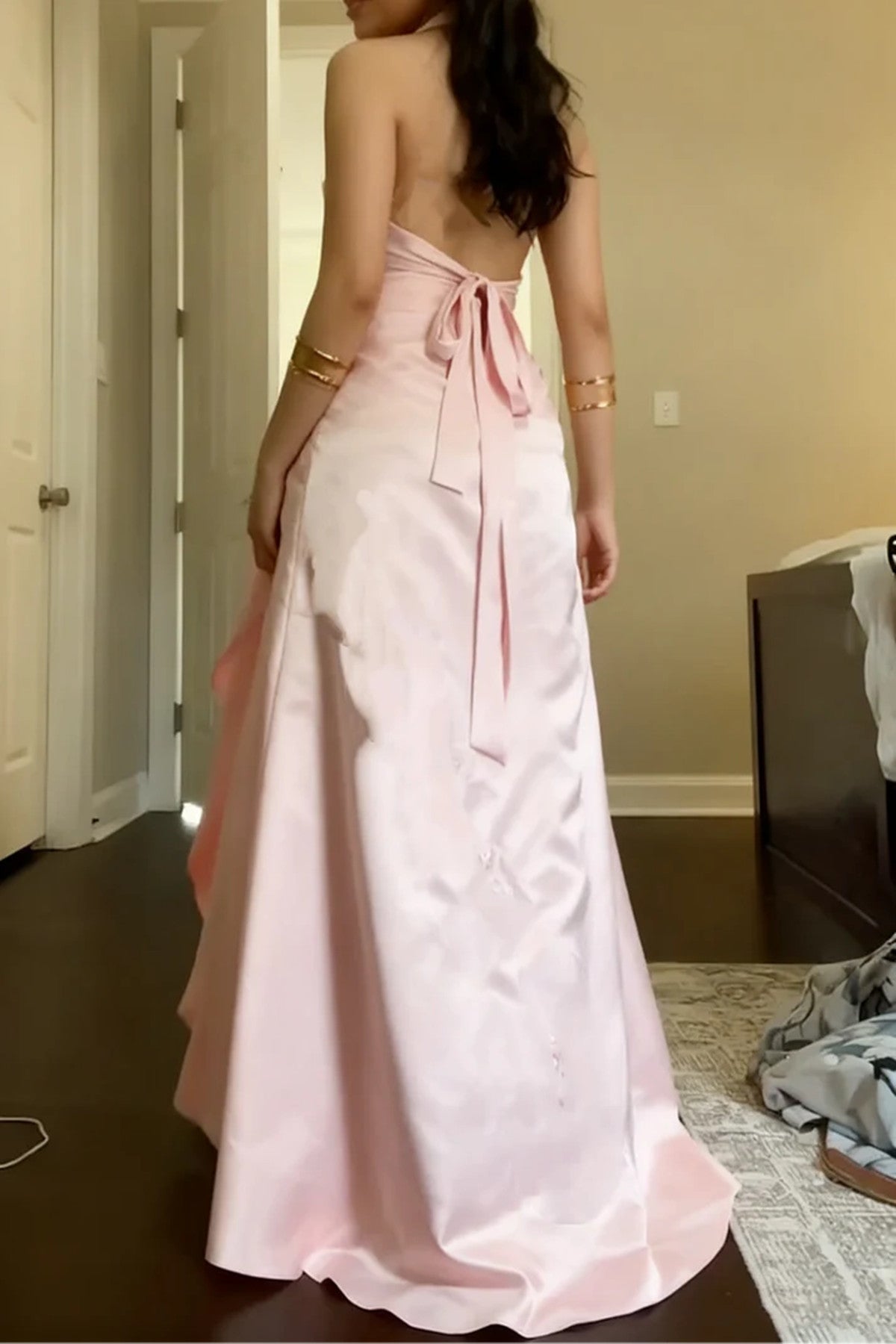 Pink Satin Straps V-neckline A-line Floor Length Party Dress, Pink Satin Formal Dress