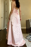 Pink Satin Straps V-neckline A-line Floor Length Party Dress, Pink Satin Formal Dress