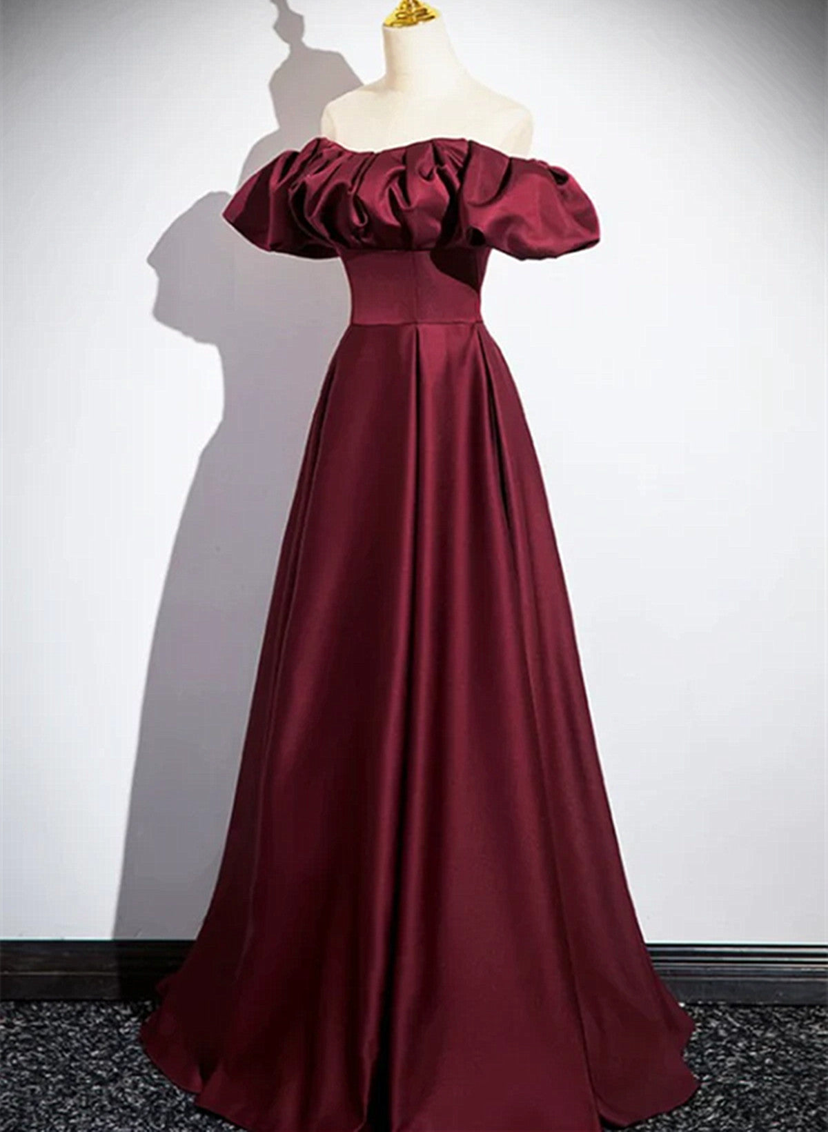 Wine Red Satin A-line Simple Off Shoulder Prom Dress, Wine Red Evening Dress