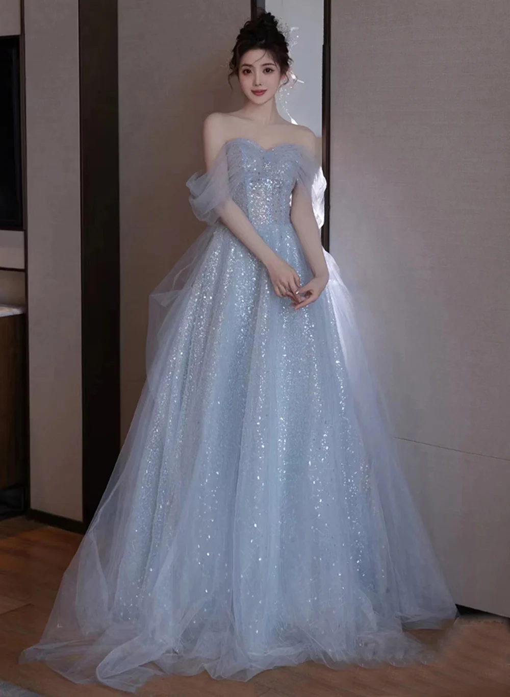 Custom Light Blue Tulle and Sequins Long Formal Dress