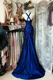 Blue Beaded Halter Mermaid Satin Long Formal Dress, Blue Satin Sweetheart Prom Dress