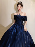 A-line Blue Satin Off Shoulder Long Prom Dress, Blue Satin Evening Dress Formal Dress