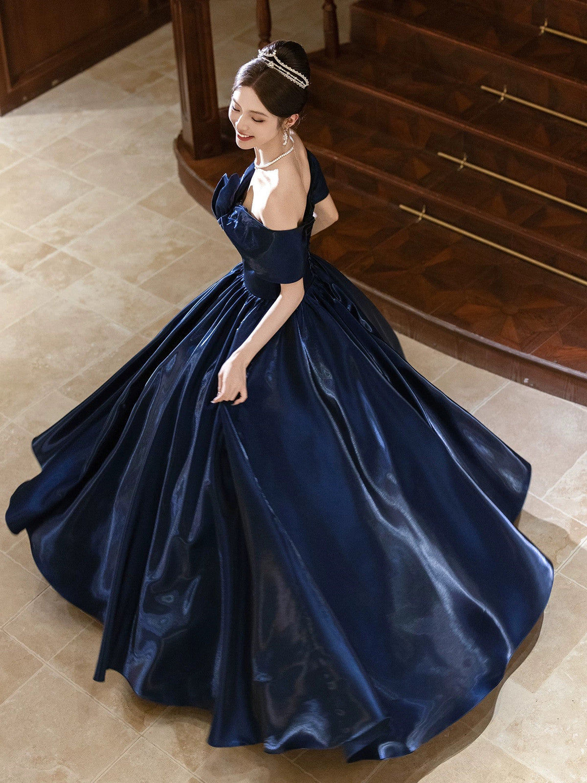 A-line Blue Satin Off Shoulder Long Prom Dress, Blue Satin Evening Dre