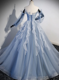 Blue Ball Gown Long Sleeves Beaded Party Dress, Blue Prom Dress Sweet 16 Dress