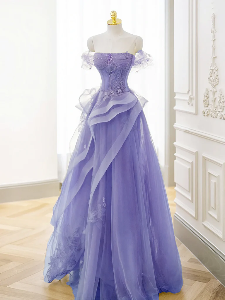 Beautiful Purple Off Shoulder Tulle Long Prom Evening Dress