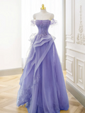 Purple A-line Tulle Off Shoulder  Long Prom Dress, Purple Lace Evening Dress