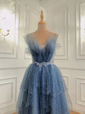 Glam Dark Blue Beaded Long Tulle Party Dress, Dark Blue Prom Dress