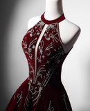 Beautiful Wine Red Velvet Long Evening Dress, Beaded Wine Red Party Dress Formal Dress