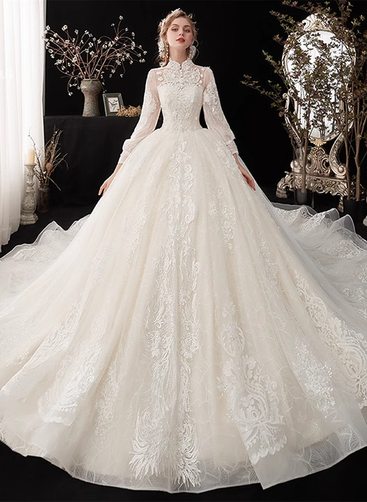 Ivory High Neckline Lace Puffy Sleeves Wedding Dress, Ivory Long Weddi Ivory High Neckline Lace Puffy Sleeves Wedding Dress, Ivory Long Weddi