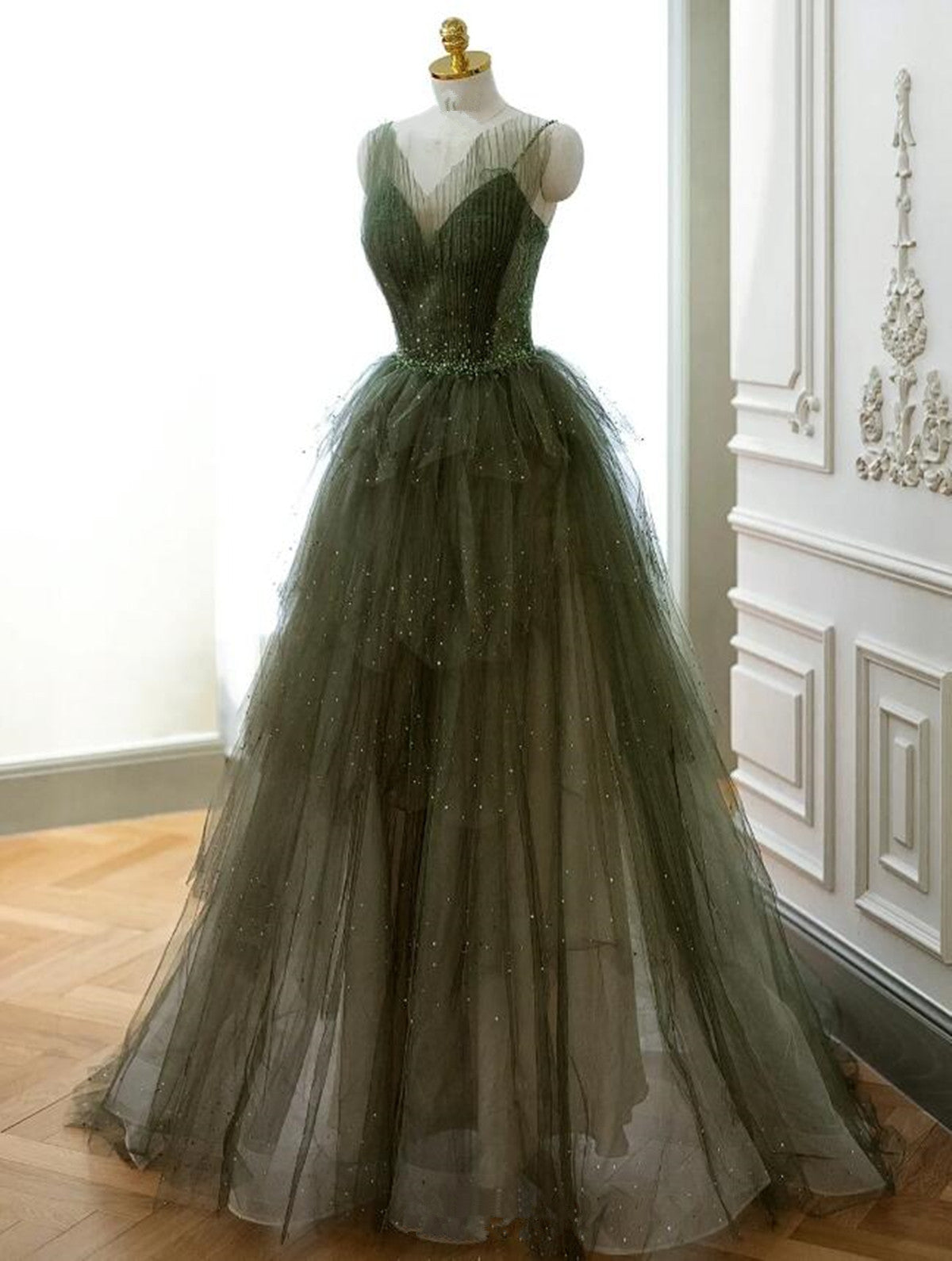 Green Tulle Beaded Straps Long Evening Dress, Green Tulle Prom Dress Party Dress