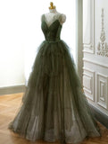 Green Tulle Beaded Straps Long Evening Dress, Green Tulle Prom Dress Party Dress