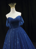 Navy Blue Tulle Sweetheart Long Formal Dress, A-line Navy Blue Evening Dress Prom Dress