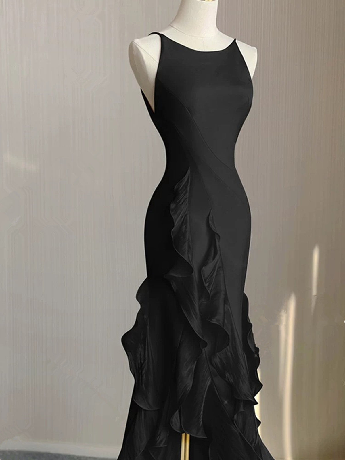 Black Round Neckline Low Back High Low Party Dress, Black Halter Prom Dress