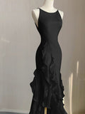 Black Round Neckline Low Back High Low Party Dress, Black Halter Prom Dress