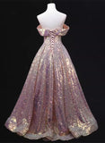 A-line Off Shoulder Sequins Long Prom Dress Party Dress, Sequins Evening Dress