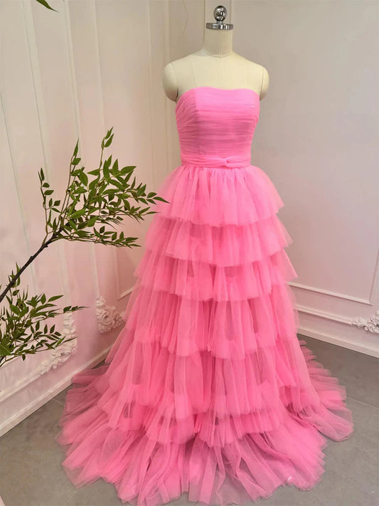 Pink Tulle  Layers Long Prom Dress, Strapless Pink Tulle Evening Dress Formal Dress