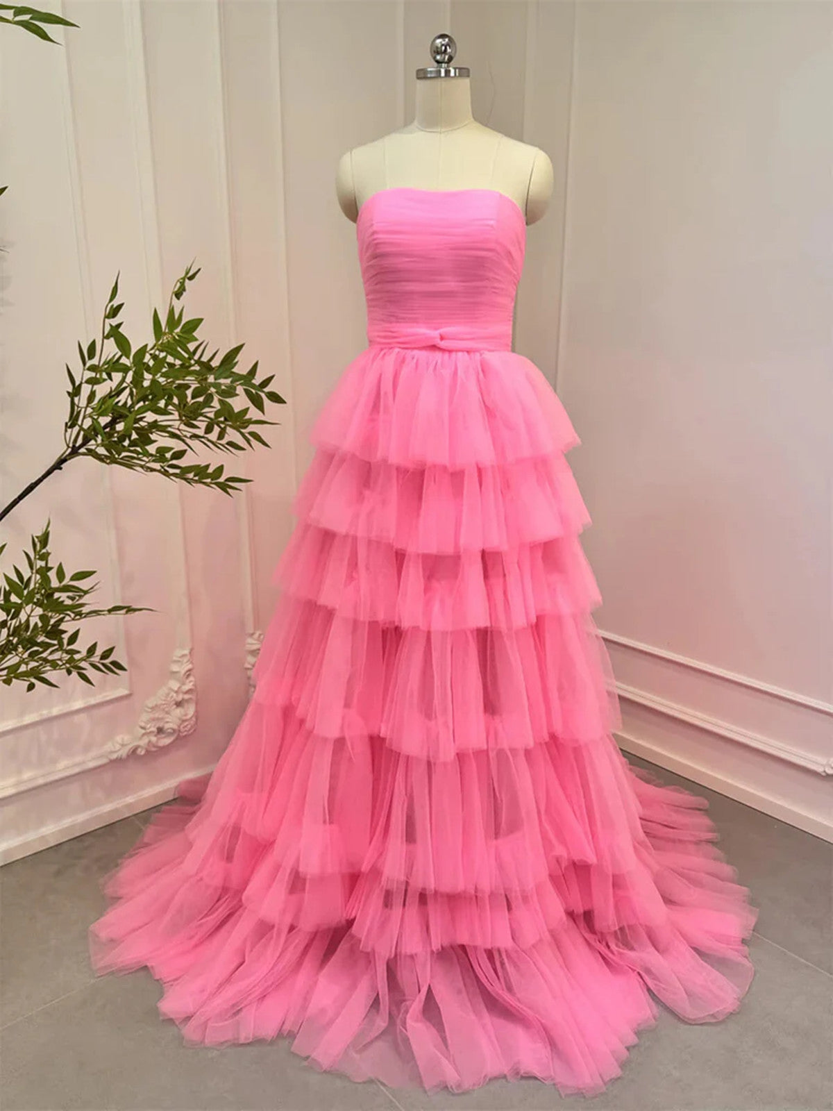 Pink Tulle  Layers Long Prom Dress, Strapless Pink Tulle Evening Dress Formal Dress