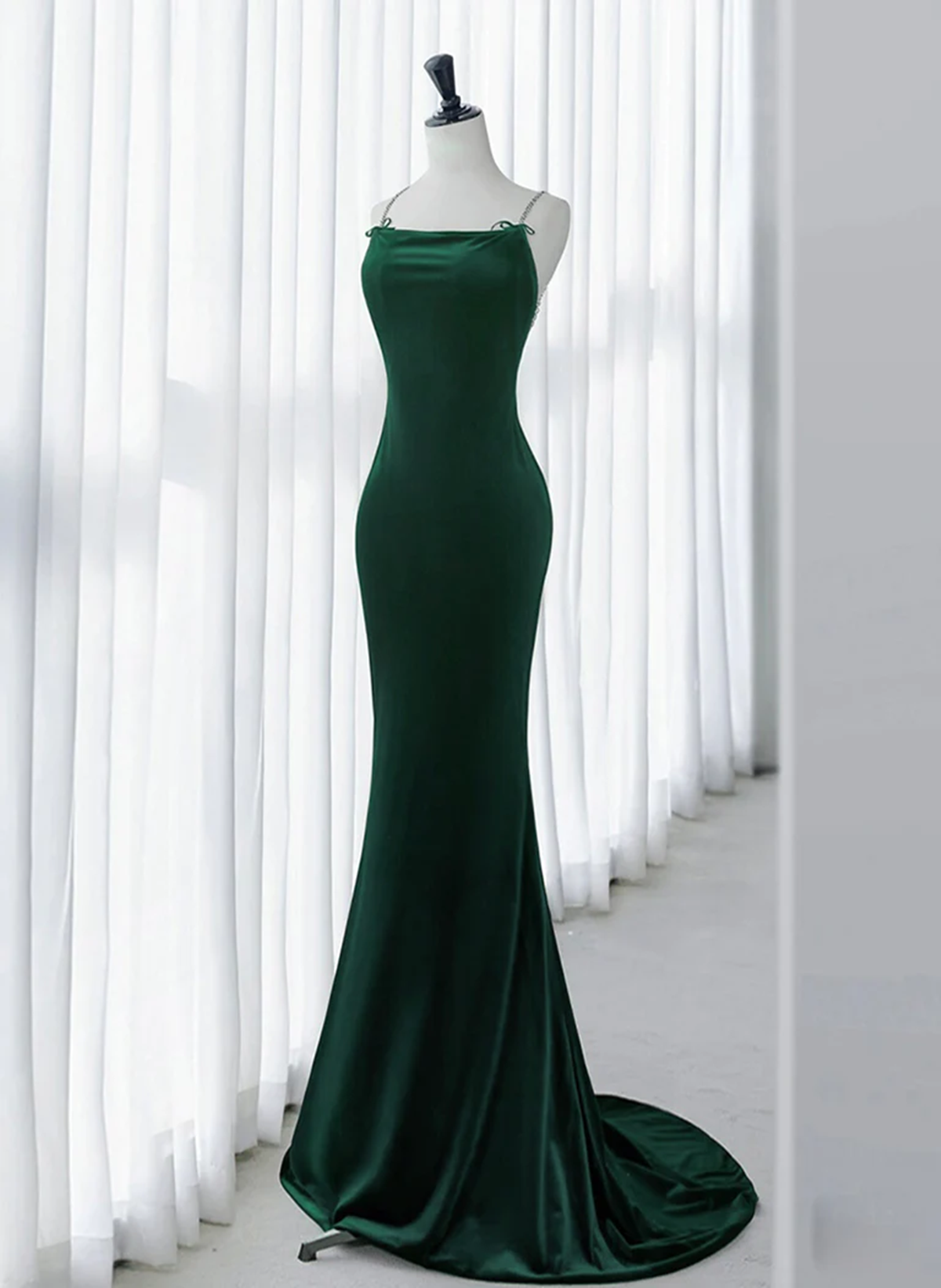 Green Mermaid Velvet Long Party Dress, Green Straps Velvet Evening Dress