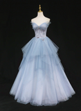 Light Blue Gradient Tulle with Beaded Long Formal Dress, Light Blue Long Prom Dress