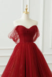 Wine Red Tulle Sweetheart Off Shoulder Prom Dress, Wine Red Tulle Evening Dress