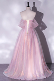 Pink Tulle and Sequins Off Shoulder Long Party Dress, Sweetheart Pink Formal Dress