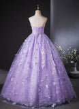 Purple Lace Strapless Floor Length Party Dress, Purple Lace Long Prom Dress