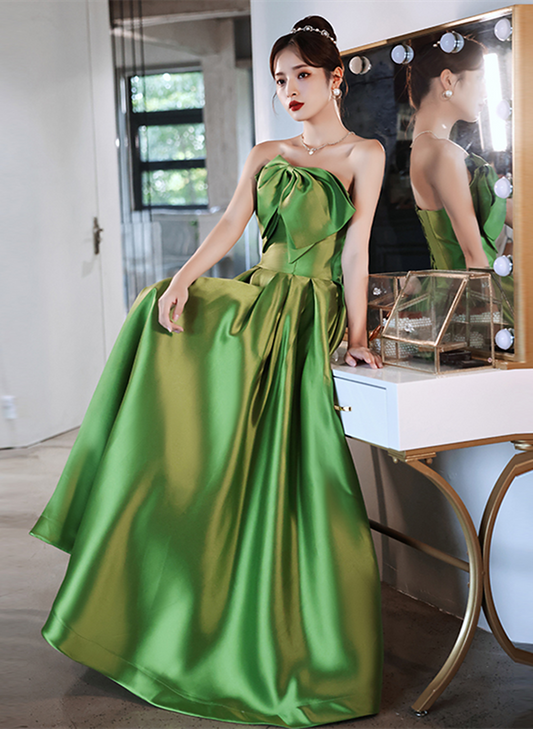 Green Simple Pretty A-line Satin Prom Dress with Bow, Green Long Wedding Party Dress