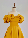 Lovely Yellow Satin A-line Off Shoulder Sweetheart Evening Dress, Yellow Floor Length Prom Dress