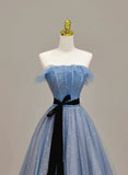 Blue A-line Tulle Long Party Dress with Belt, Blue Evening Dress prom Dress