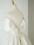 A-line White Satin Straps Long Wedding Party Dress, White Satin Long Prom Dress