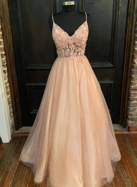 Pink Tulle with Lace Applique Beaded V-neckline Prom Dress, Pink Long Party Dress