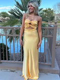 Yellow Satin Strapless A-line Long Party Dress, Yellow Simple Evening Dress