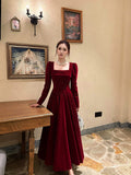 Wine Red Long Sleeves Velvet Floor Length Party Dress, Wine Red Velvet Long Prom Dress