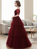 Wine Red Sweetheart Tulle Layers Long Prom Dress, Wine Red Tulle Floor Length Party Dress