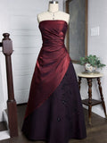 Elegant Strapless Ruched Long Prom Dress,  Ruched Satin Party Dress with Asymmetric  Beaded Floral Embroidery
