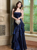Navy Blue Mermaid Straps Evening Dress Party Dress, Navy Blue Floor Length Prom Dress