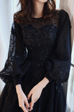 Puffy  Long Sleeves Tulle With Lace Long Evening Dress, A-Line Back Long Prom Dress