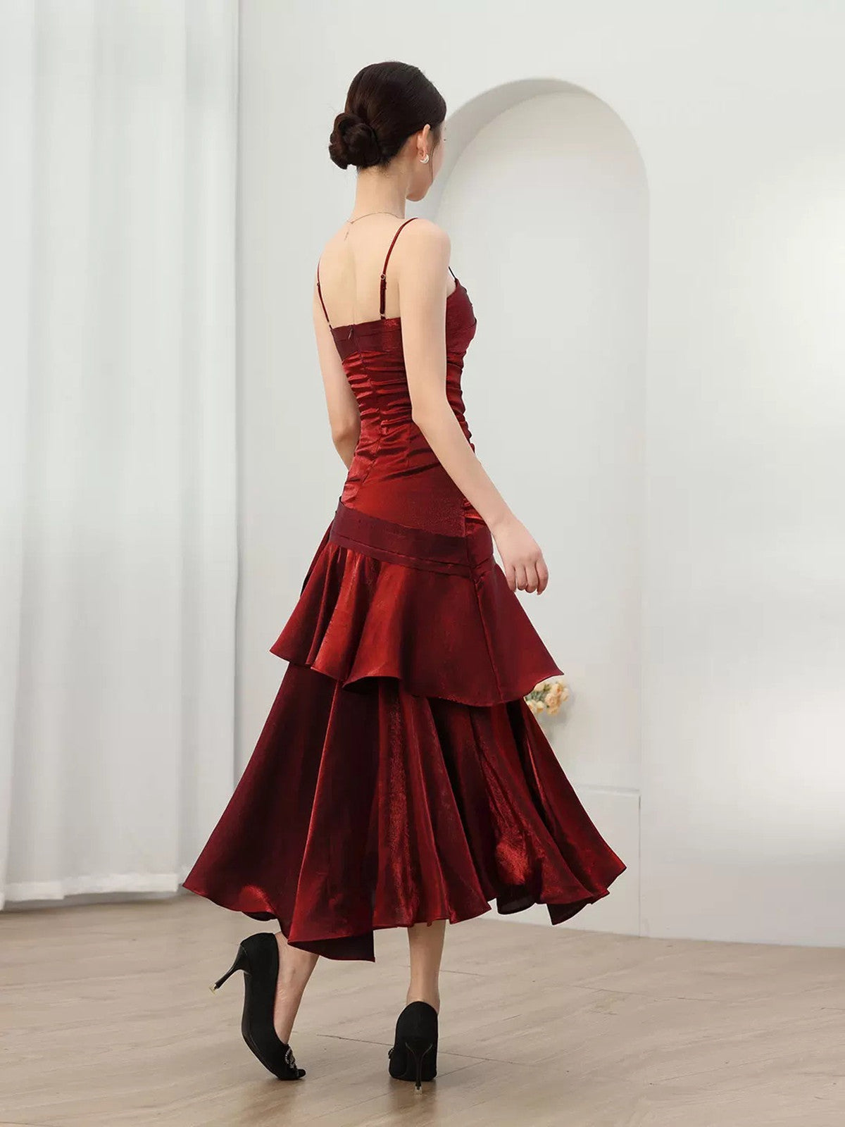 Mermaid Straps Wine Red Long Evening Dress Formal Dress, Wine Red Satin Prom Dress