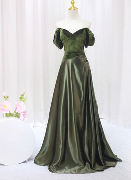 Green Velvet and Satin Off Shoulder Long Party Dress, Green Evening Dress Prom Dress