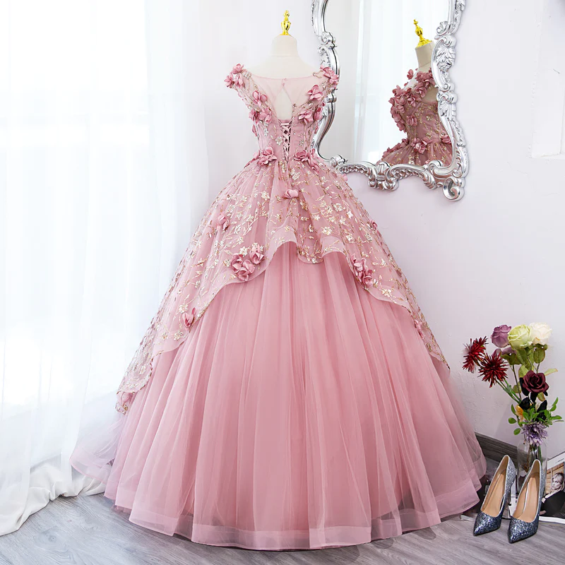 Pink Tulle Long Party Dress With Flowers, Pink Tulle Sweet 16 Dress Formal Dress