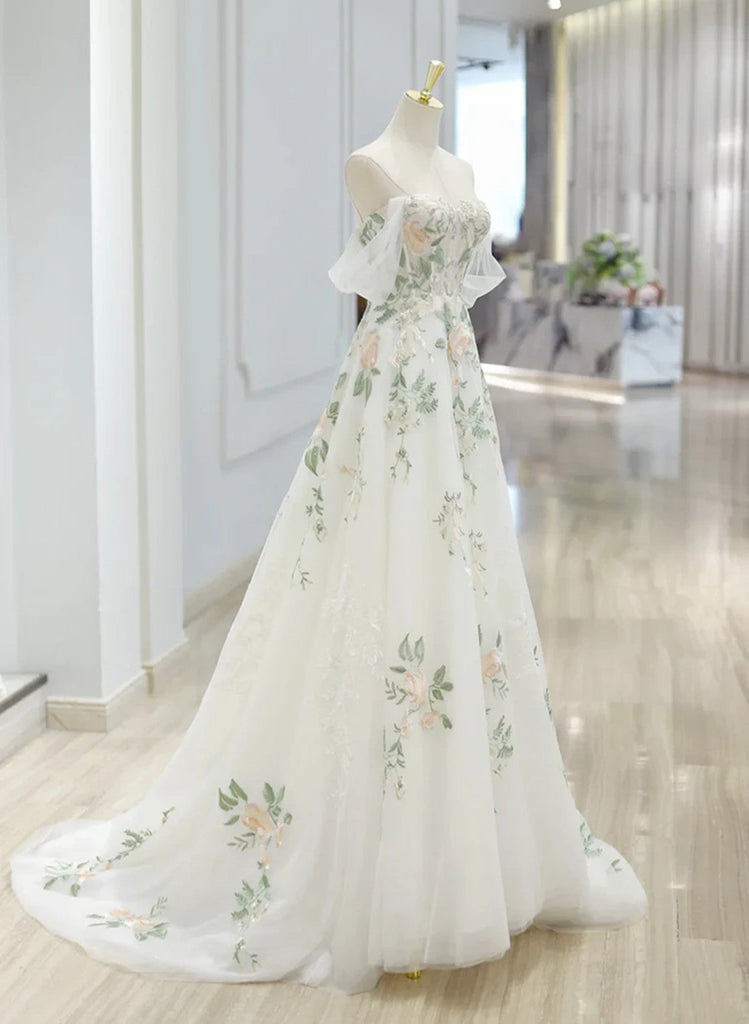 Cute White Tulle Tea length Off Shoulder Princess Party Dress, Lovely White Formal Dress