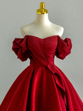 Wine Red Satin Off Shoulder A-line Prom Dress, Wine Red Satin Long Evening Dress