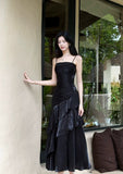 Black Satin Mermaid Straps Long Formal Dress, Black Cute Prom Dress Evening Dress